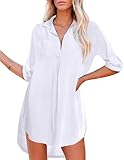UNibelle Strandkleid Damen Bikini Cover Up Tunika Bluse Strandkleid Damen Shirt Strandhemd Sommer Cuffed Sleeve Shirts Tops, A_weiß, L