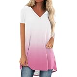 Damen Tshirt, T Shirt Damen Sommer Oversize Shirt Mit V-Ausschnitt Locker Farbverlauf Kurzarm Longshirt Lässige Sport Shirt Mode Sommershirts Strand Boho Tunika Leicht Tops Teenager Mädchen Kleidung