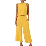 Awrvia Zweiteiler Sommer Damen 2025 Elegant Hosenanzug Ärmello Kurzarm Top und Hosen Outfit Set Modische Einfarbig Freizeitanzug Baumwolle Loungewear mit Taschen Weite Bein Hosenanzüg