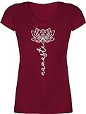 T-Shirt Damen V Ausschnitt - und Wellness Geschenk - Namaste Lotusblüte Yoga Chakra - L - Bordeauxrot - Kurzarm Shirt yogashirts spirituelle namastee leiberl Oberteil Frauen Meditation yog