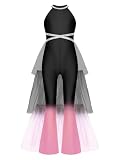Jugaoge Mädchen Neckholder Turnanzug Ärmelloser Ganzkörperanzug Glitzer Gymnastikanzug Tanz Body Sport Jumpsuit Overall mit Tüll Rüschen Tanzbekleidung Schwarz Rosa 122-128