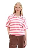 TOM TAILOR Damen Basic Polo-T-Shirt mit Streifen, pink offwhite block stripe, XXL