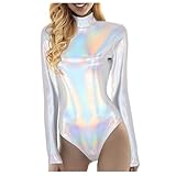 Damen Body Metallic Langarm Leotard Karneval Kostüm Silber Metallic Glänzende Ballettanzug Ballettbody Glitzer Body Damen Gymnastikanzug Trikot Langarm Bodysuit Metallic Einteiler Turnanzug (M)