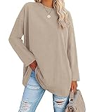 Ebifin Oversize Langarmshirt Damen Longshirt Rundhalsausschnitt Oberteil Langarm T Shirts Pullover Basic Tunika Tee Tops.Khaki.XL