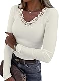 Chicrise Oberteile Damen Langarm V-Ausschnitt Pullover Leichter Eng Spitzen Langarmshirt Basic Casual Weiß Mittel 38-40 M