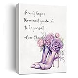 Coco Chanel Zitate Wandkunst auf Leinwand, hochhackige Blumenschönheit beginnt den Moment, in dem Sie sich entscheiden, sich selbst zu sein, Poster, modisches Kunstwerk für Mädchen, Make-up-Raum,