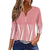 Damen Tshirt Sommer,Damen Hemdbluse Damen T Shirt Bedruckt Knopfleiste 3/4 Ärmel Tägliches Wochenende Modisch Basic V Ausschnitt Normales Oberteil Musselin Bluse Damen T-Shirt(3-Hellrosa,S)