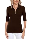 WOWENY Damen Halbarm Shirt Poloshirt Damen 1/4 Zip Pullover Elegant Einfarbig Oberteil Basic Shirts Casual Bluse Braun L