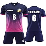 Faletony Personalisiertes Fussball Trikot Kinders Erwachsene Fusstball Shirt & Shorts Set mit Name Nummer Team Logo Fußballtrikot für Kinder Männer Jungen (Polyester, Saphirblau)