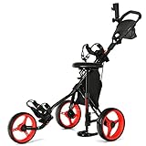 COSTWAY Golf Trolley, 3 Rad Golftrolley, Golfwagen Golf klappbar, Golfcaddy Golf Push Cart aus Aluminum, Golfcaddy mit Schirmhalter, T-Stückhalterung und Aufbewahrungstasche (Rot inkl. Sitz)