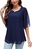 Actcat Damen Rüschen 3/4 Ärmel Mesh Blusen Lose Flowy Tops Stretch Shirts Crinkle Bluse Damen elegant damenblusen elegant mesh Shirt Umstandsbluse große größ