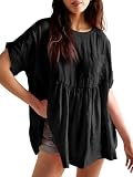 Imily Bela Tshirt Damen Sommer Oversized Casual Tunic Loose Fit Oberteile Shirts Baumwolle（schwarz，XXL）