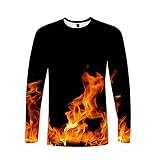 ZEALPLANT Gelbes Flammen-Langarm-T-Shirt, lockeres, lässiges 3D-Digitaldruck-Shirt, Herren- und Damen-Rundhalsob