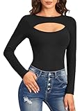 For G and PL Damen Cut Outs Tops Einfarbig Oberteile Langarm Shirt Freizeit Rundhals Fit T-Shirt Top für Herbst Winter Schwarz M