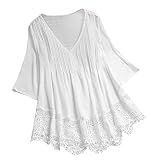 Longshirts Damen Sommer Longbluse 3/4 Arm Oversize Langarmshirt Elegant Spitze Tshirt Festliche Kurzarm Große Größen Lagenlook Longshirt Tunika Hemd Oberteile Tops B