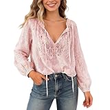 Spitze Bluse Damen Damen Boho Spitzenbluse Langarm Blusentop Hollow Out Damenbluse V Ausschnitt Tie Front Floral Stickerei Shirts Casual Lose Tunika Trompetenärmeln Hemd Elegant Hemdbluse Longb