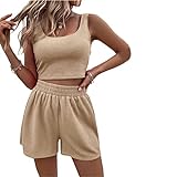 Geagodelia Damen Zweiteiler Sommer Hosenanzug Elegant Outfits Kleidung 2 Teiler Set Crop Tank Top + Shorts Y2k Aesthetic Clothes Workout Sport Anzug (A - Beige, S)