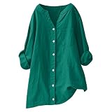 Langarm-Shirts für Damen, lässig, Knopfleiste, V-Ausschnitt, Blusen mit Vordertasche, leicht, Sommer, Herbst, Tunika, Tops, Damen, lange Bluse, Übergröße, einfarbig, kragenlos, S-5XL, grün, L