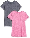 Amazon Essentials Damen Kurzärmliges Tech-Stretch-T-Shirt mit Rundhalsausschnitt (in Übergröße erhältlich), 2er-Pack, Himbeere Space-dye/Kohlegrau Space-dye, S