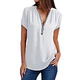 Generisch Half Zip T-Shirt Damen Kurzarm Sweatshirt V-Ausschnitt Sommer Tee Top Baggy Freizeitshirt für Geschäft Büro Alltag Einfarbig Loose Bluse Frauen Sommerbluse L