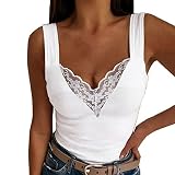 Damen Top Flügelärmel Tops Rundhals Oberteil Spitzentop Elegant Shirts mit Spitzeneinsatz (Weiß, XXL)