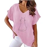 Leinenbluse Damen Baumwolle Leinen Tshirt Sommer Leinenshirt Locker Kurzarm Blusen Frauen Longshirt Oversized Tee Shirt Teenager Mädchen Freizeit Longbluse Floral Katze Feder Druck Leinenhemd 08