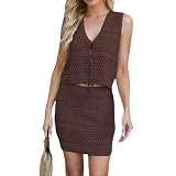 FGVFCS Damen Bikini Cover Up Set 2 Stück Badeanzug Häkeln Ärmellos Crop Top Tie Front Strickrock Häkelkleid Strand Bademode Gestrickt Strandkleid Strand Häkeln Cover Ups Urlaub Ausgehen, Kaffee2, XL