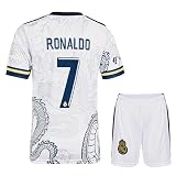 KISRAS R. Madrid Ronaldo #7 Weiß Dragon Heim Retro Limitierte Sonderedition Seltenes Fußball Kinder Trikot Shorts Set Jugendgrößen (Weiß,152)