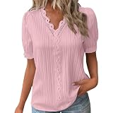Damen Bluse Weiß Boho Spitze Oversize T-Shirt Tops Einfarbig Elegant Frühling Sommer V-Ausschnitt Kurzarm Oberteile Tunik