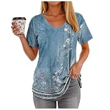 Damen-T-Shirt, Vintage-Stil, Blumenmuster, V-Ausschnitt, kurze Ärmel, lockere Passform, Basic-T-Shirts mit gebogenem Saum, schulterfrei, personalisierbar, hellblau, M