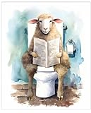 Lustiges Schaf sitzt auf der Toilette und liest Zeitung 27,9 x 35,6 cm, ungerahmt, niedlicher fröhlicher Tierdruck und lustiger Humor Badezimmer-Dek