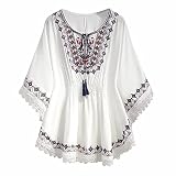 Leinenbluse Damen Summer - T Shirt V Ausschnitt Vintage Bluse Damen Elegant Boho Ethnic Stil Stickerei Muster mit Spitze Trim Tunika Große Größen Top Lockere Lässige Blusen & Tuniken für D