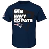 Majestic Athletic NFL Football T-Shirt New England Patriots Slogan Win Navy Go Pats (M)