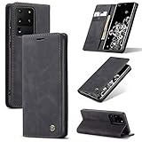 owlhold Hülle Samsung Galaxy S20 Ultra klapphülle Premium Lederhülle Weiches Vintage-Nubukleder Faltbare Ständer Schutzhülle Kartenfach Standfunktion klapphülle Samsung Galaxy S20 Ultra 5G - Schw