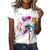 Oberteile Sommer Tshirt Damen Kurzarm Batik Bunte Blumen Drucken T-Shirt Bluse mit Rundhals Tee Tops Teenager Mädchen Tunika Shirt T Shirts Longbluse für Frauen,Weiß,M