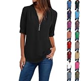T Shirt Damen V Ausschnitt Oberteile mit Reißverschluss 3/4 Arm Shirt Fitness Sportshirt Elegant Longshirt Unifarben Tshirt Sportshirt Casual Top Langarmshirt Sale D