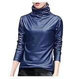 Damen T-Shirt Mit Rollkragen Solide Frauen Rucksack-Ärmel Lederbluse lässige Hemden Towns Lange feine Frauen-Bluse Damen Shirt Schw