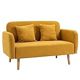 HOMCOM 2 Sitzer Sofa, Couch mit 2 Wurfkissen, gepolsterter Doppelsofa, Polstersofa mit Samtopik, Armlehne, Loveseat für Wohnzimmer, Schlafzimmer, 130 x 70 x 80 cm, Gelb