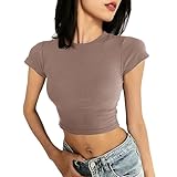 Schwarz-weißes bauchfreies Oberteil für Damen, Sommer, Rundkragen, kurze Ärmel, einfarbig, Tunika, Basic-T-Shirt, lässiger Pullover, Pullover, Tops, Y2K, Ausgehen, Yoga, T-Shirt, M-XL, khaki, XXL