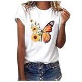 T Shirt Damen Sommer Weiß Bedrucken T-Shirt - Rundhals Kurzarm Oberteile Baumwolle Casual Tee Shirts Teenager Mädchen Tunika Bluse Bunte Drucken Tops Sportshirt Damen T