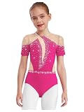 Yihuimin Mädchen Gymnastikanzug Kurzärmelig Strass Glänzend Ballettanzanzug Eiskunstlauf Gymnastik Leotard Knalliges Pink 158-164