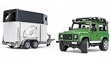 bruder 02592 - Land Rover Defender mit Pferdeanhänger & 1 Pferd - 1:16 Pick-up Geländewagen Jeep Hengst Spielzeug Offroad-Fahrzeug Reiterhof Pferdehof Bauernhof Zubehö
