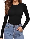 Aottori Basic Damen Langarmshirt Baumwolle Oberteile Elegant Figurbetont Unterwäsche Rundhals Stretch Thermooberteile Frühling Herbst Schwarz L