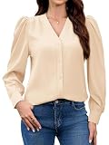 Blusen für Damen, Business, Freizeit, Satin, Seide, V-Ausschnitt, langärmelig, Button-Down-Shirt, Arbeitsblusen, Modal - Beige, X-Groß