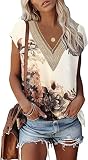 OLIPHEE Damen T-Shirt lässig V-Ausschnitt Tanktops Blumen Druck Casual Basic Tuniken (L,Weiße Blume)