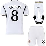 PraiseLight R. Madrid Toni Kroos #8 Heim Kinder Trikot 2023/2024 Fußball Shorts Socken Set Jugendgrößen (Weiß,24)