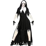 Briskorry Damen Halloween Kleidung Nonne Kleid Set Gothic Kleid Damenmode Schwarzes Kleid Maskerade Vampir Evil Party Uniform Zombie Nonne Kleid Set Kleid + Hut + Handschuhe + Halsk