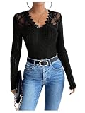 GORGLITTER Damen Elegant Oberteile Langarm Blusenshirt mit Spitze Stickerei Blusentop Casual Oberteil mit V Ausschnitt Spitzenshirt Schwarz L