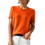 Kaschmir-Pullover für Damen, kurzärmelig, Winterpullover für Damen, einfarbig, schmale Passform, Rundhalsausschnitt, leicht, warm, weich, bequem, Strickpullover, Orange, L
