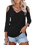 Florboom 3/4 Langarm Cut Out Shirt Damen Langes Tshirts V Ausschnitt Oberteil, Schwarz XXL